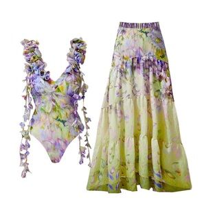 Matching Swimsuit and Skirt (Floral Green and Purple)